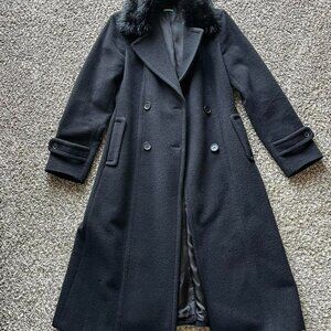 Of Benetton 100% Wool Black Trench Coat Women 10/Large Faux Fur Elegant Feminine